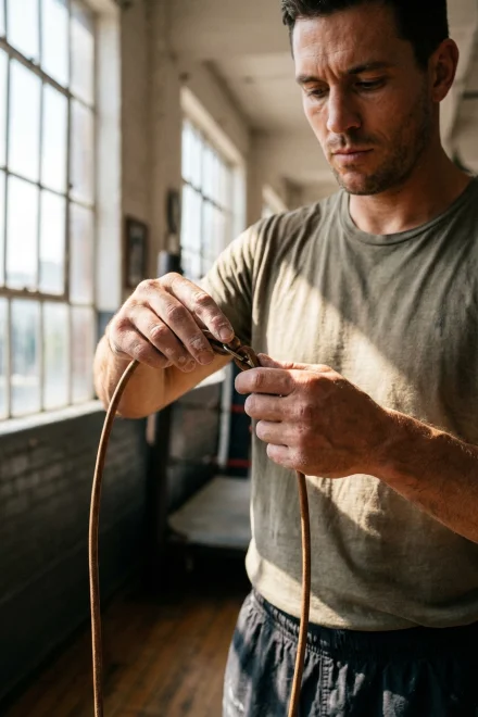 Hombre ajustando la longitud de su comba de boxeo