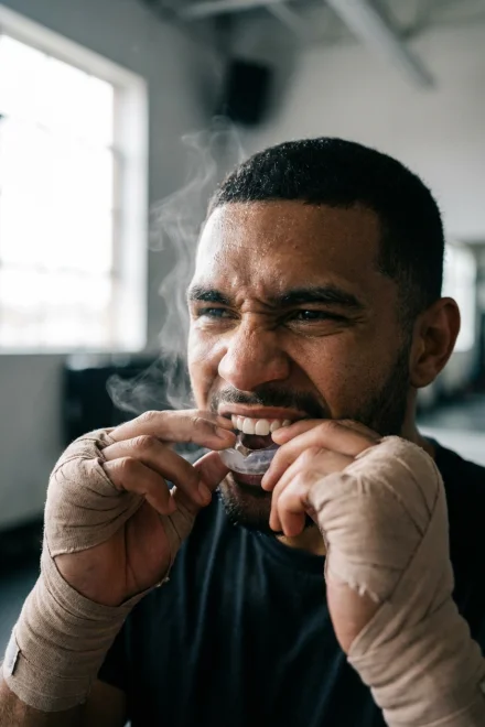 Boxeador moldeando su protector bucal para un ajuste seguro