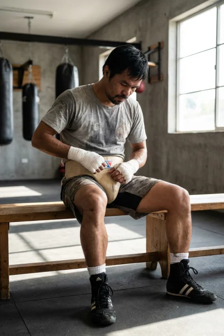 Boxeador ajustándose su equipo de protección inguinal antes de entrenar