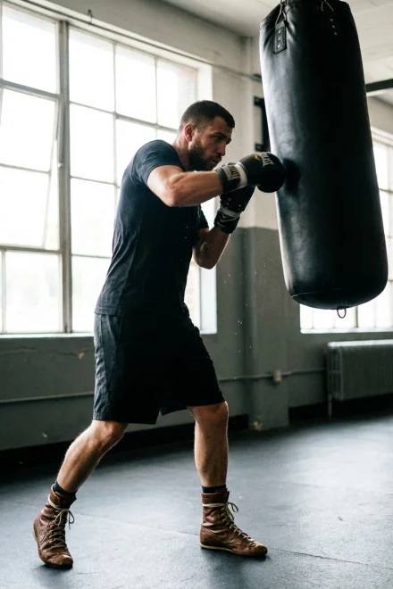 Boxeador entrenando con botas profesionales