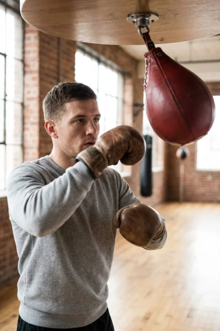 Pugile che allena ritmo e coordinazione con la pera di velocità