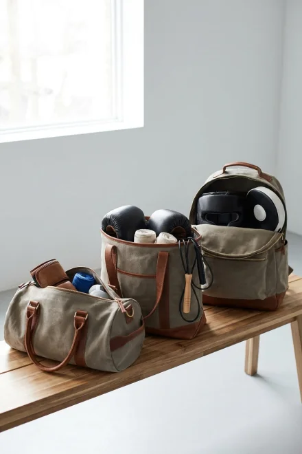 Diferentes tamanhos de sacos de desporto com equipamento de boxe no seu interior
