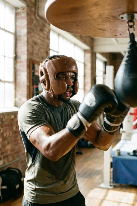 Boxeador profesional usando un casco de cara abierta durante un entrenamiento de velocidad