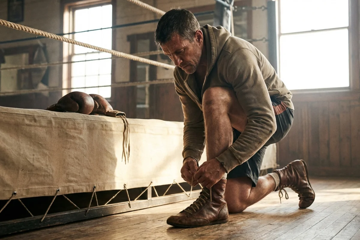 Boxeador ajustando sus botas de boxeo profesionales para mejorar su estabilidad y juego de pies