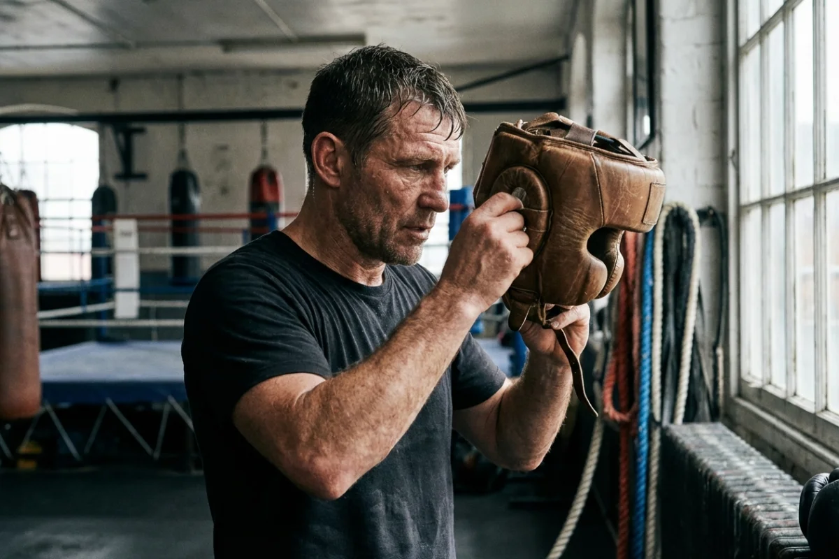 Boxeador ajustándose un casco de protección profesional para una sesión de sparring