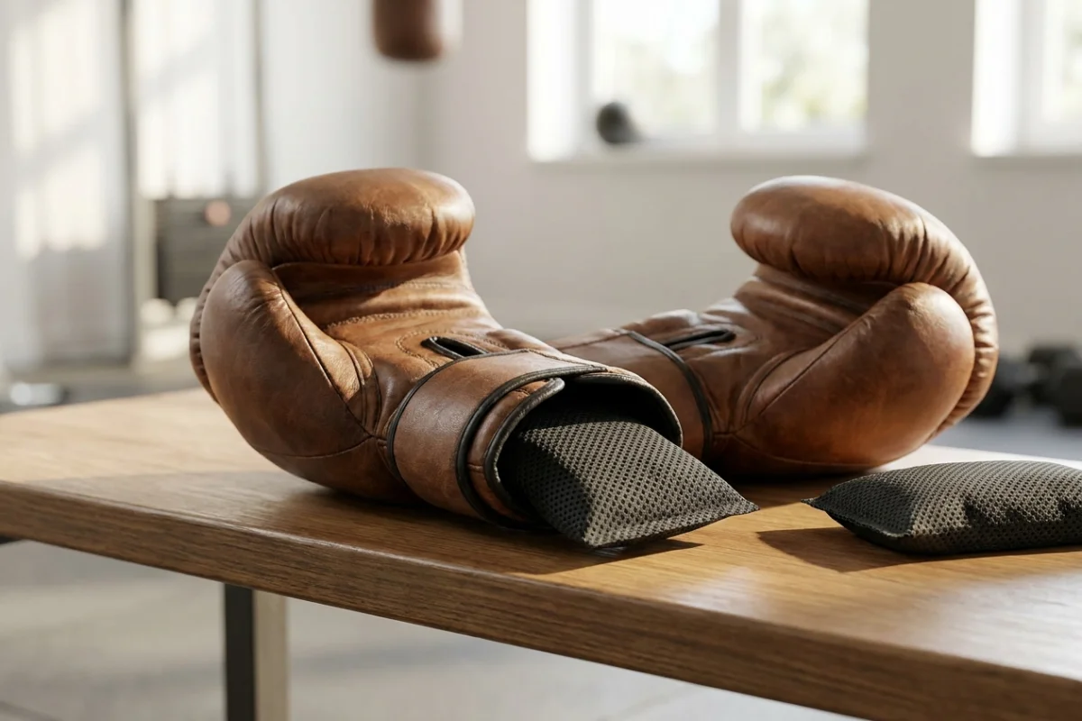 Professional boxing gloves with deodorizing inserts to remove moisture and bacteria after training