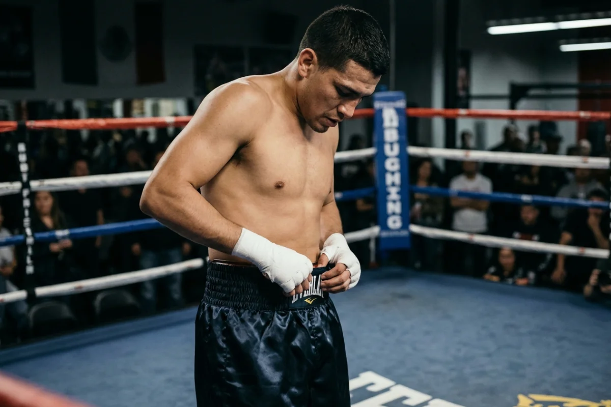 Boxeur professionnel ajustant son short en satin avant un combat sur le ring