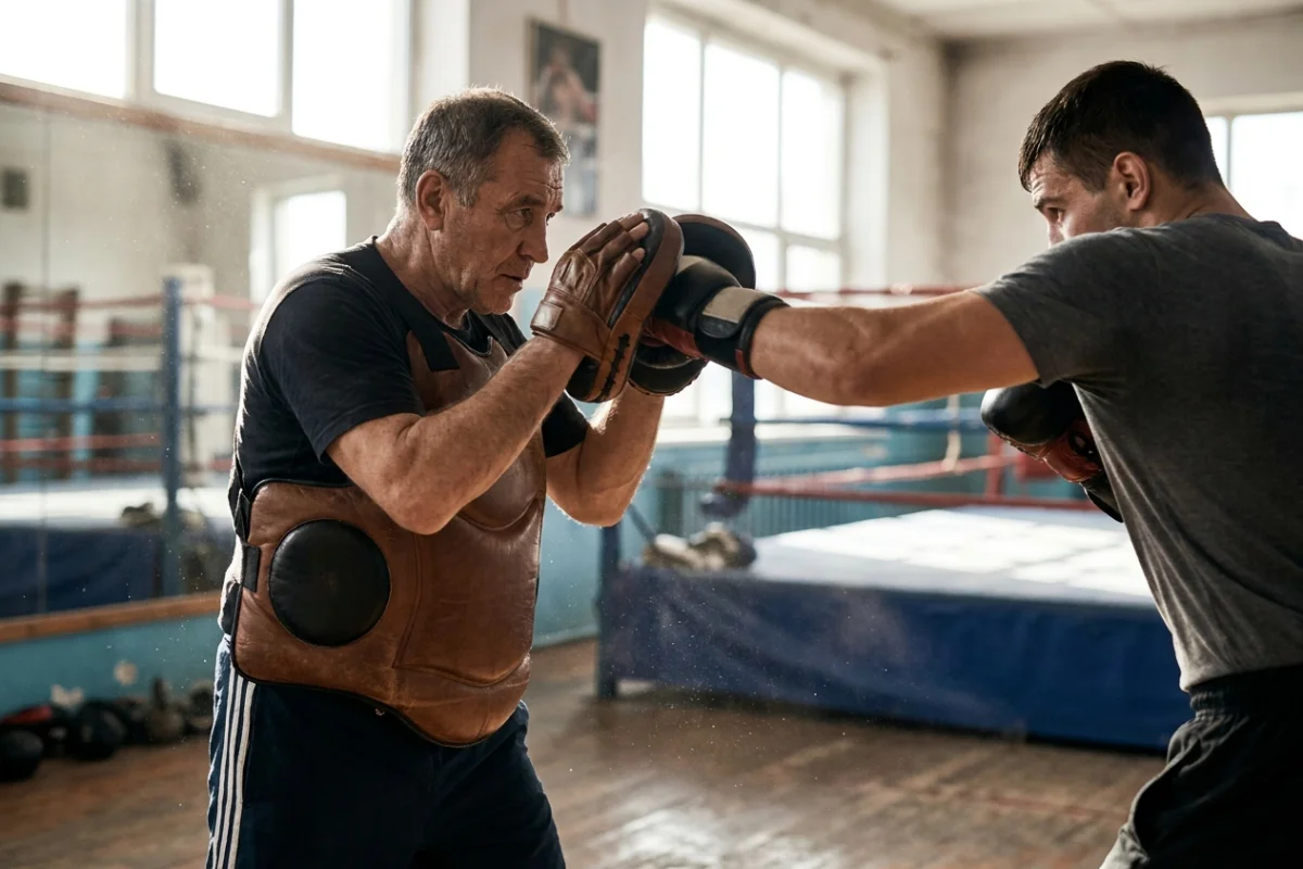 Allenatore di boxe che indossa un corpetto protettivo per il corpo professionale durante una sessione di allenamento di potenza