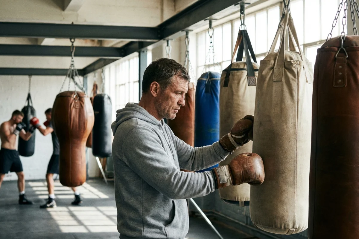 Boxeador profesional evaluando diferentes tipos de sacos de boxeo pesados en un gimnasio