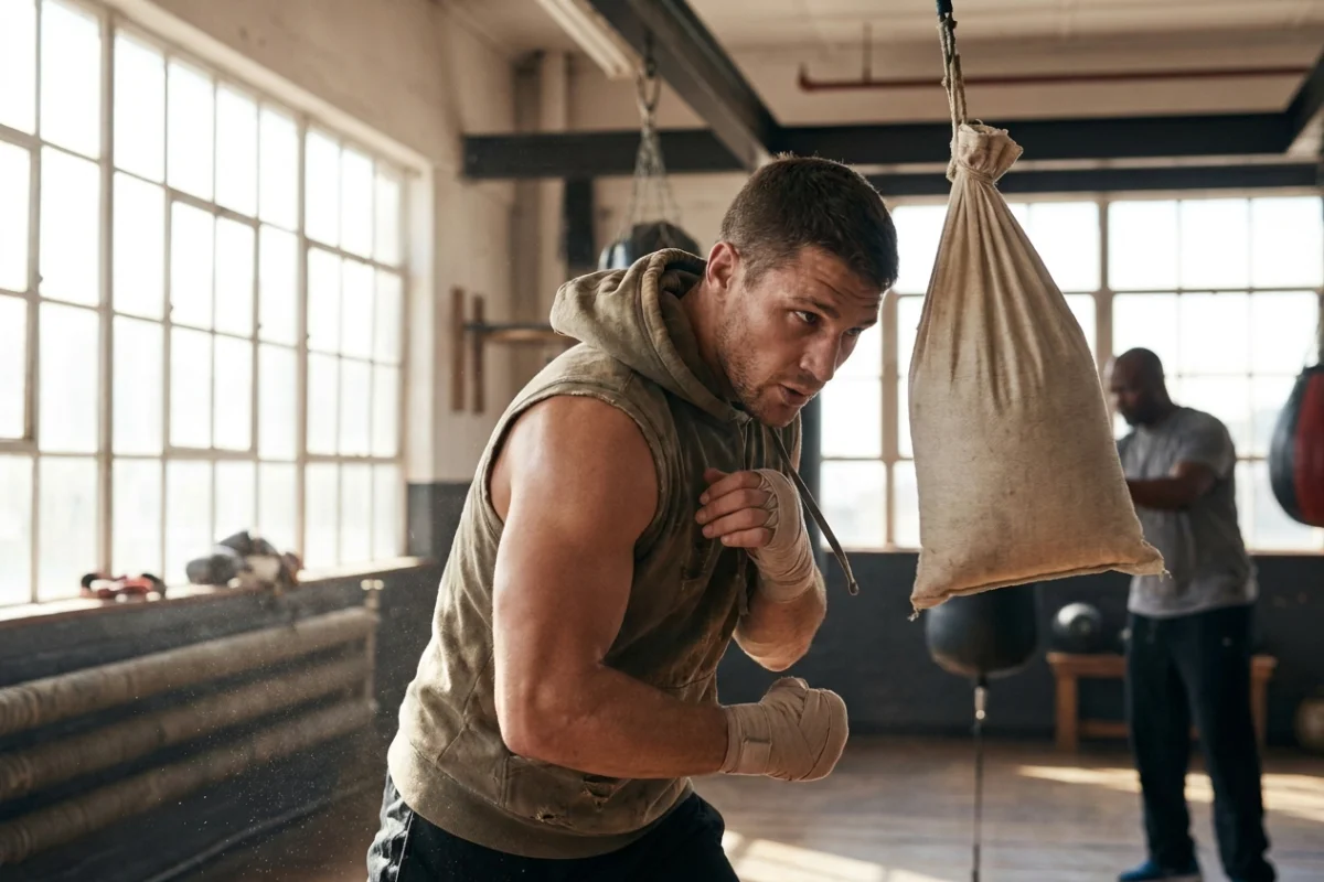Boxeador profesional entrenando movimientos de cintura con un saco de esquiva tipo maize bag