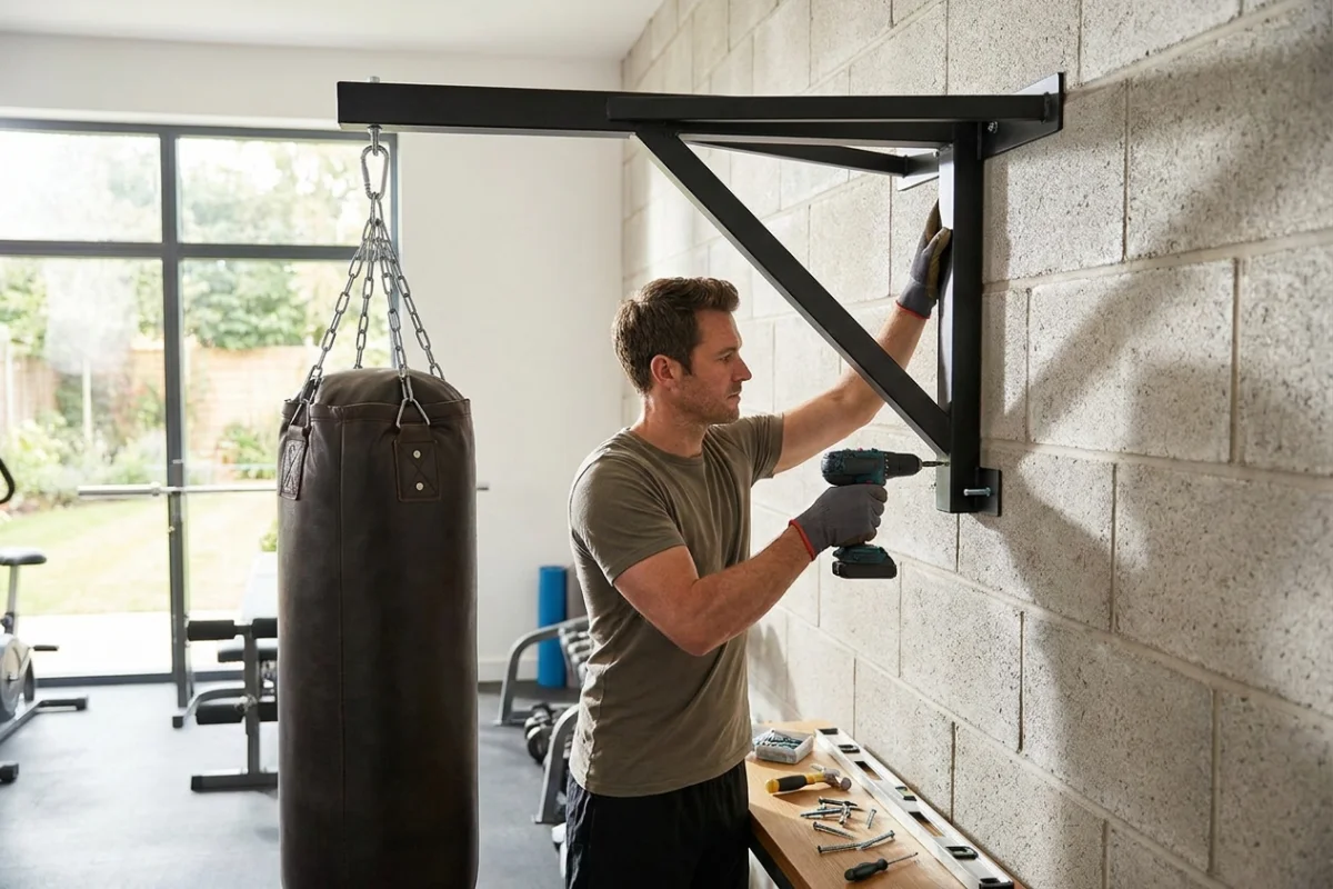 Instalación de un soporte de pared de acero reforzado para saco de boxeo pesado en un gimnasio doméstico