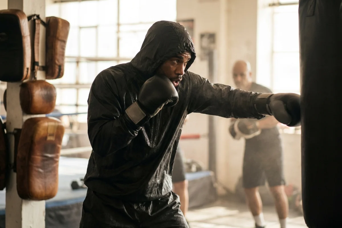Boxeur professionnel s'entraînant avec une combinaison de sauna haute résistance pour le contrôle du poids