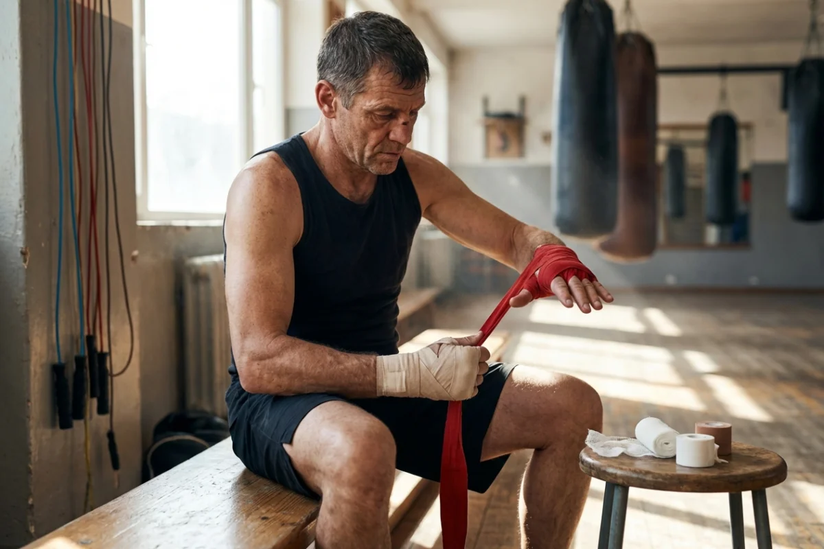 Boxeador profesional colocándose vendas elásticas de color rojo para proteger sus nudillos y muñecas