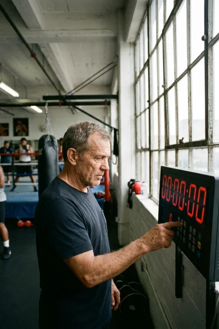 Coach setting up a professional wall timer in a boxing gym