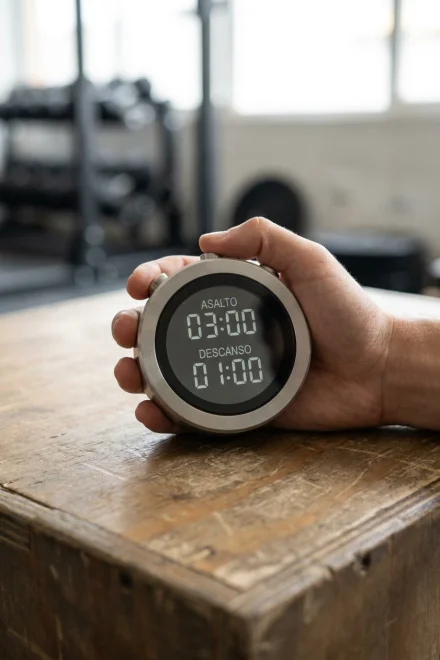 Close-up of a digital timer showing round and rest times