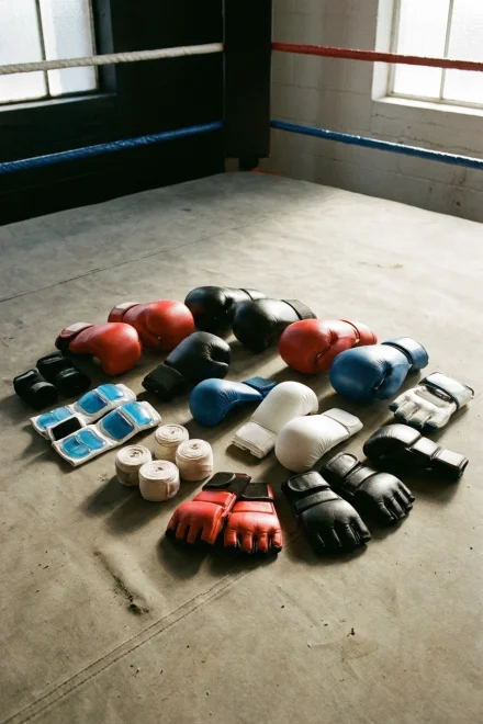 Différents types de protège-articulations pour arts martiaux sur un ring