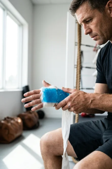 Boxeur mettant des protections en gel sous ses bandes de boxe