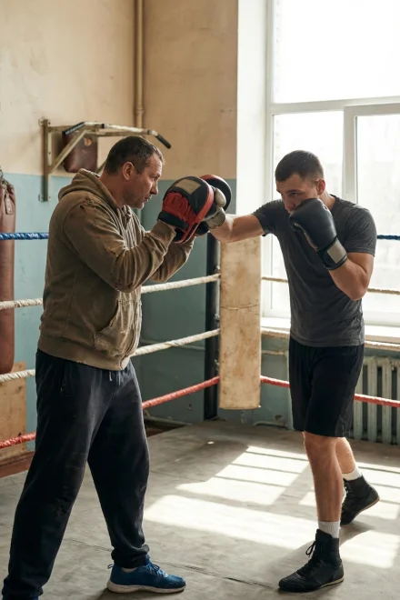 Entrenador y boxeador practicando técnica con manoplas de boxeo