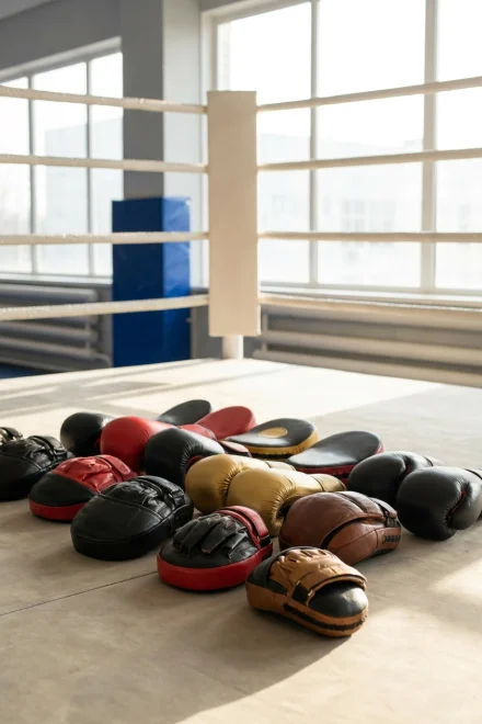 Verschiedene Modelle professioneller Box-Paddles in einem Ring