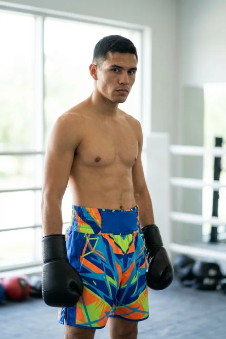 Boxeur portant un short de boxe au design moderne et aux couleurs vives