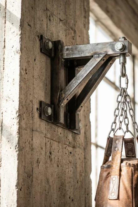 Détail des ancrages d'un sac de frappe sur un mur en béton