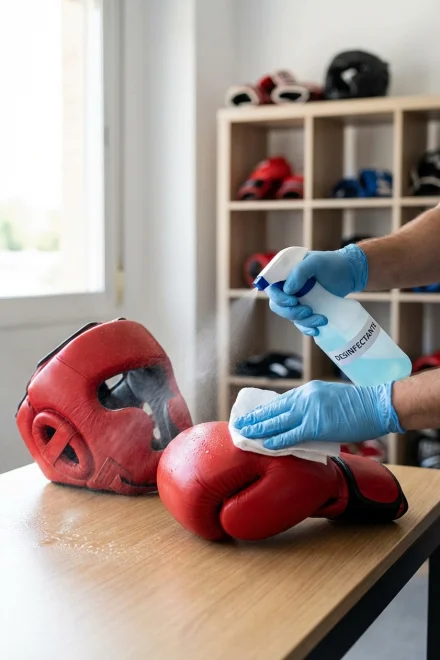 Limpieza y desinfección de equipo de protección de boxeo