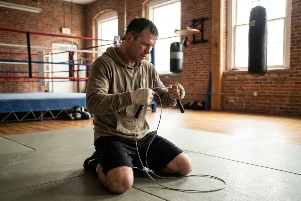 Boxeador profesional ajustando la longitud de su comba de saltar para un entrenamiento de alta intensidad