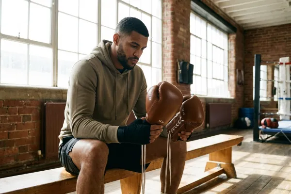 Boxeador comparando diferentes tamaños de guantes de boxeo para elegir las onzas correctas según su peso