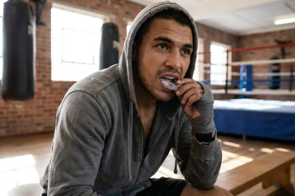 Boxeador ajustándose un protector bucal profesional antes de un entrenamiento