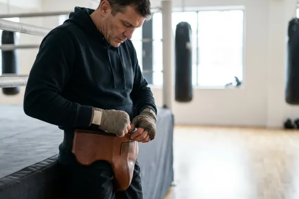 Boxeador ajustándose un protector inguinal profesional de cuero para entrenamiento