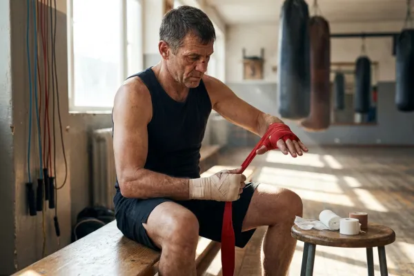 Boxeador profesional colocándose vendas elásticas de color rojo para proteger sus nudillos y muñecas