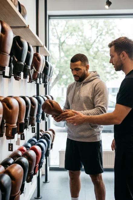 Boxeador profesional eligiendo guantes de boxeo según su peso