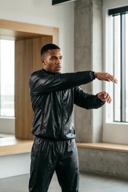 Personne essayant une combinaison de sauna pour vérifier la mobilité des bras