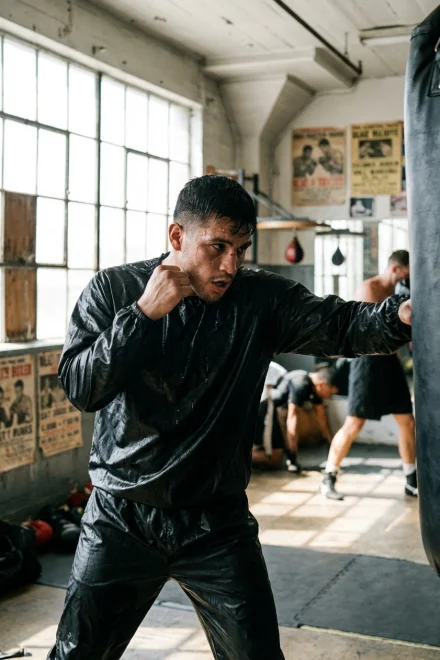 Boxeur s'entraînant avec une combinaison de sauna noire dans une salle de sport