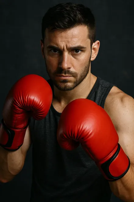 Diferentes tipos de guantes de boxeo rojos sobre mesa de gimnasio