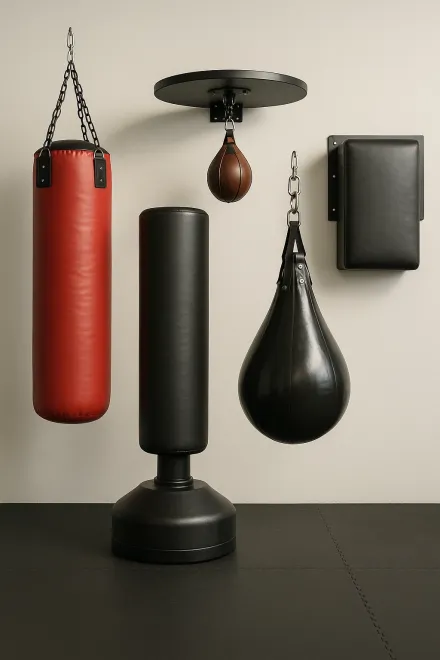 Different types of punching bags in a gym